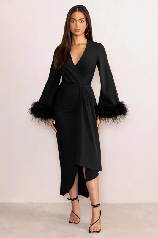 Jenna | Black Plunge Midi Dress with Feather Trim Wide Sleeves and Front Tie Drape sold by Club L London