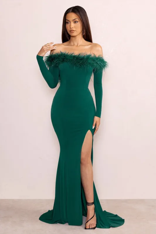 Lucilu | Bottle Green Feather Bardot Long Sleeve Maxi Dress with Side Split sold by Club L London