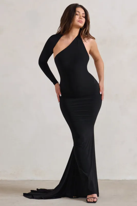 Katarina | Black One Shoulder Fishtail Maxi Dress sold by Club L London