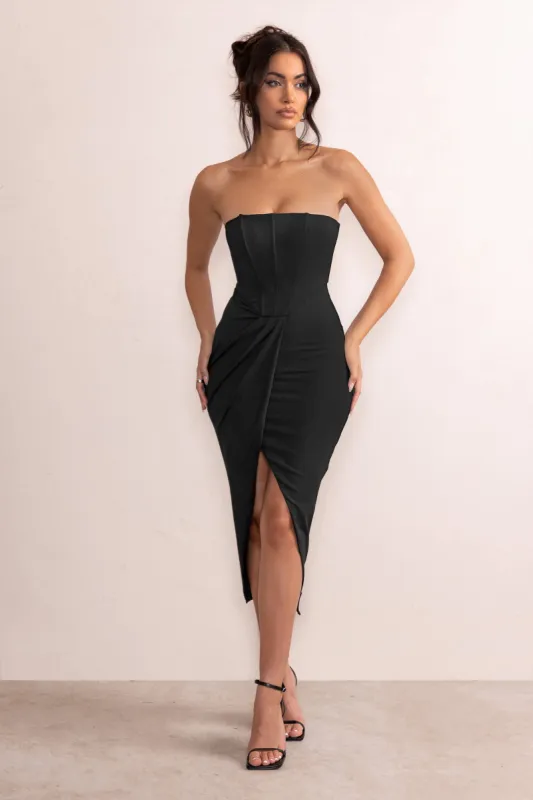 Saturn | Black Strapless Corset Wrap Front Midi Dress made by Club L London