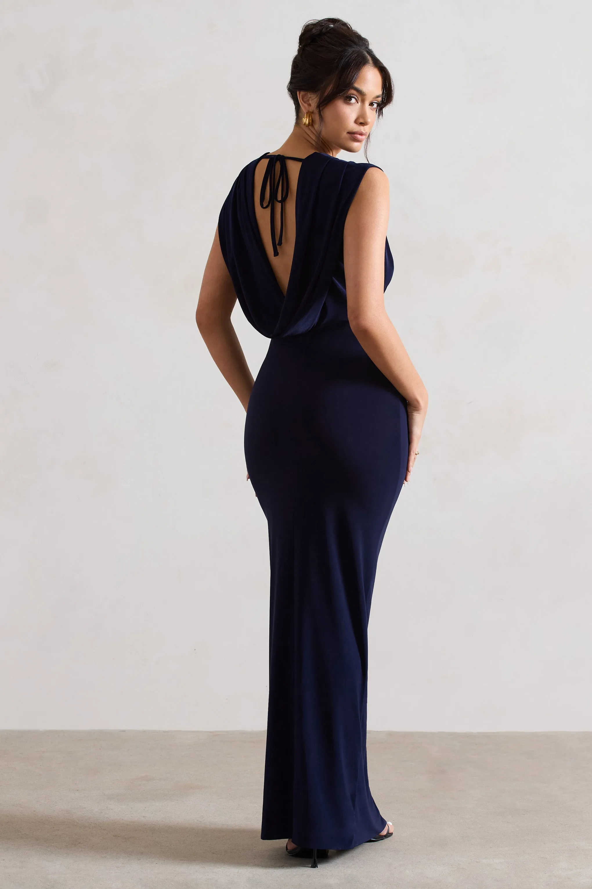Honour | Navy V-Neck Split Maxi Dress With Cowl-Back sold by Club L London product image thumbnail 2