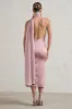 Madame | Blush Pink Satin Asymmetric Scarf Neck Backless Midi Dress sold by Club L London