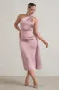 Madame | Blush Pink Satin Asymmetric Scarf Neck Backless Midi Dress sold by Club L London