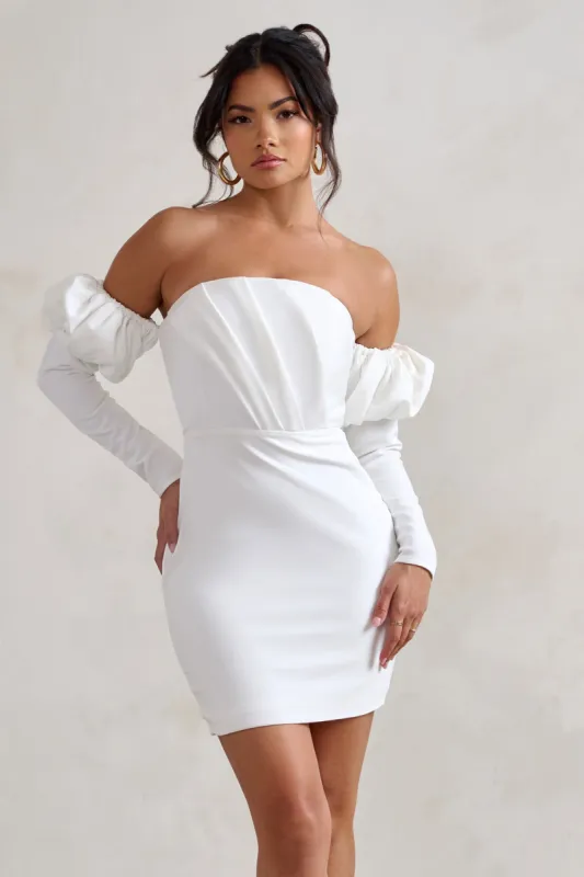 Laurie | White Bardot Puff Long Sleeve Mini Dress sold by Club L London