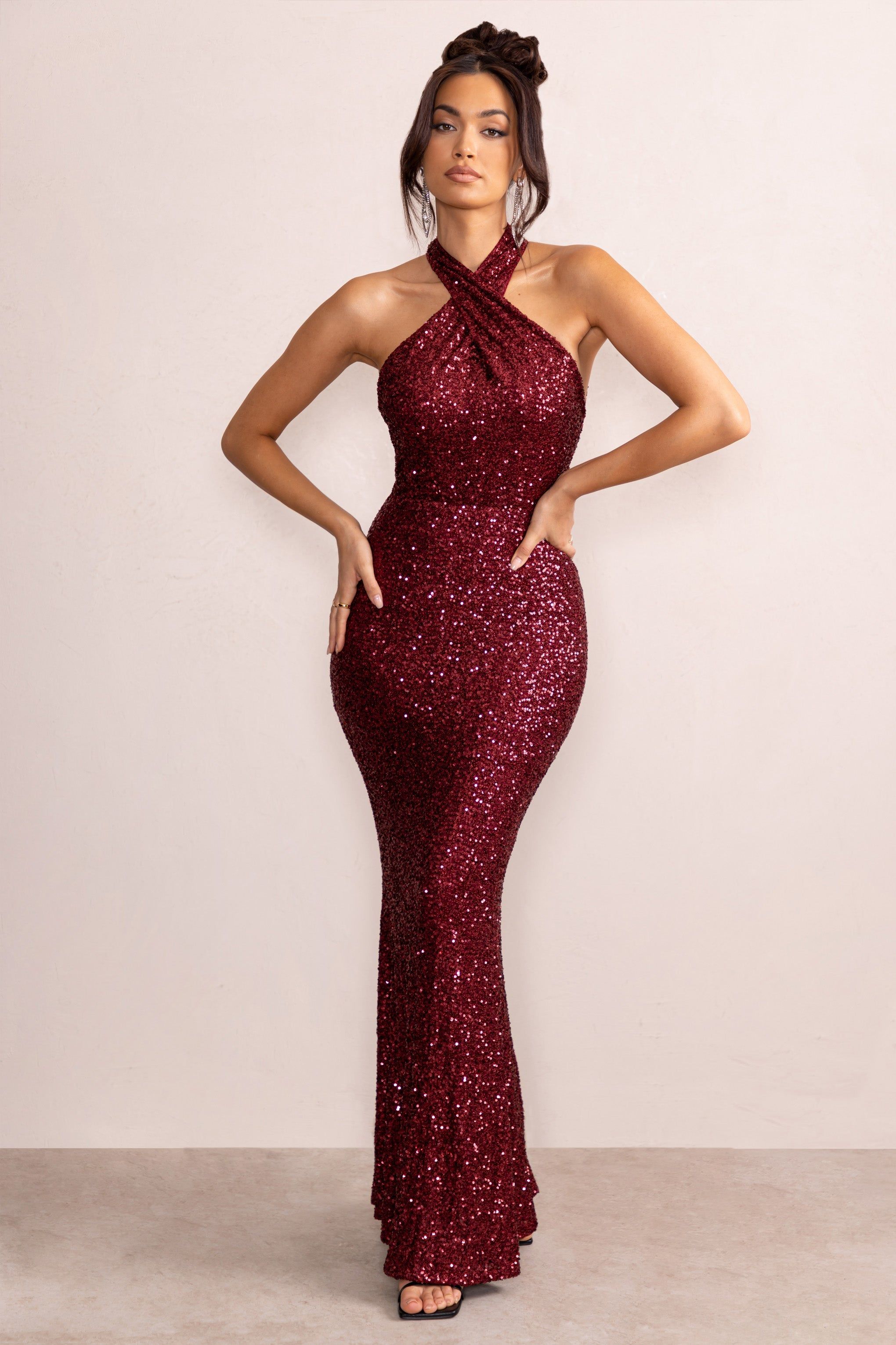 Mina | Berry Sequin Cross Over Halterneck Maxi Dress sold by Club L London product image thumbnail 4