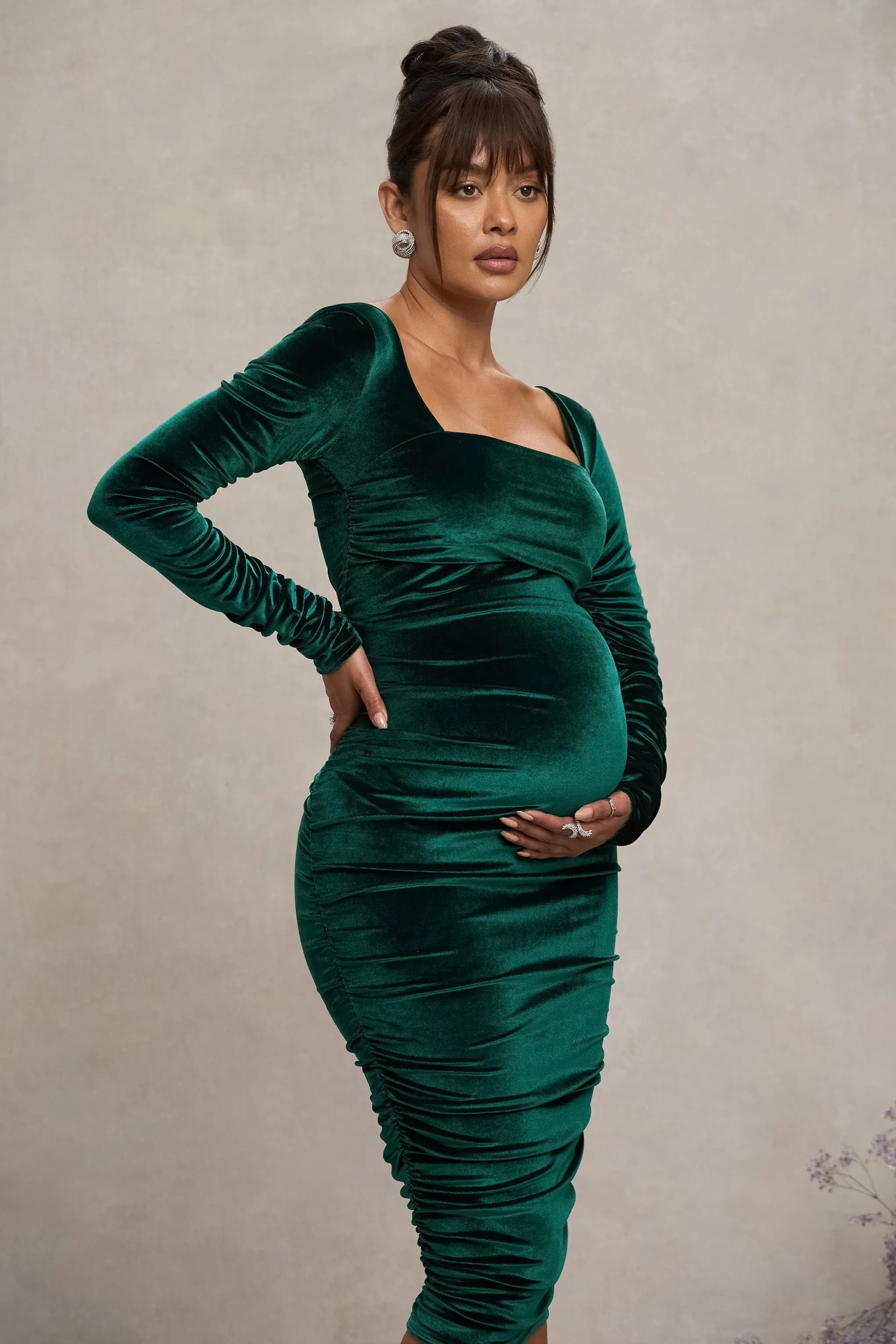 New Life | Bottle Green Velvet Maternity Square Neck Ruched Midi Dress sold by Club L London product image thumbnail 3