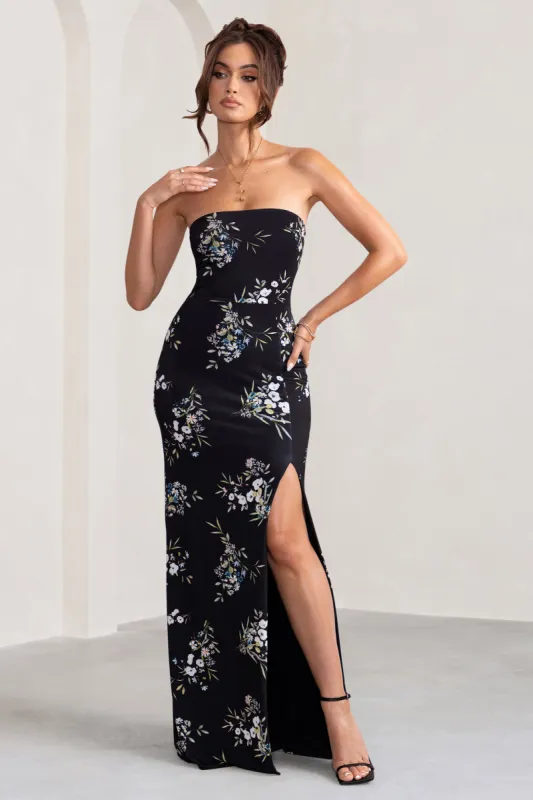 Camila | Black Floral Print Strapless Maxi Dress With Thigh Split sold by Club L London