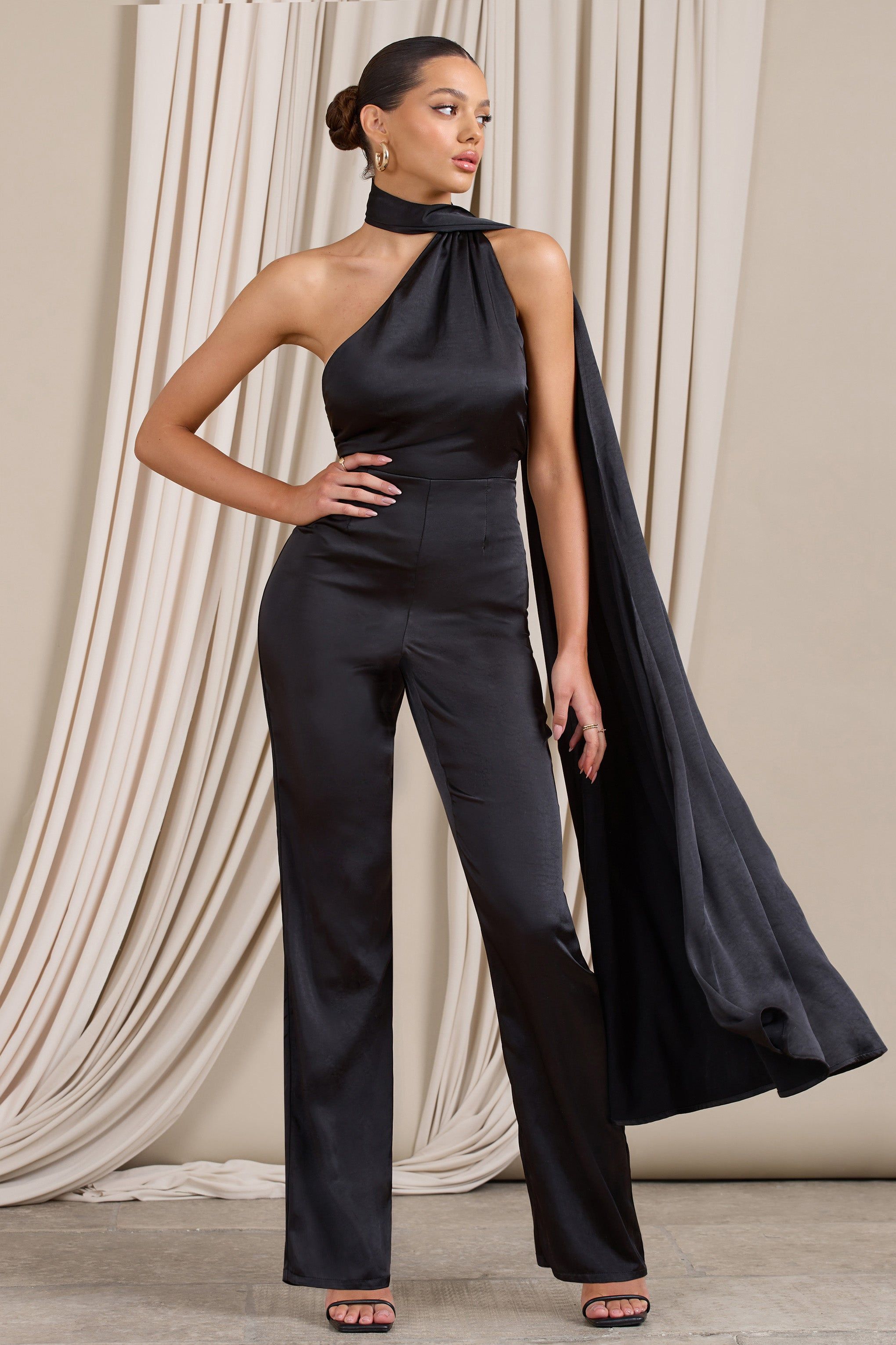 Cascada | Black Satin Wide Leg Jumpsuit With Statement Scarf Neck sold by Club L London