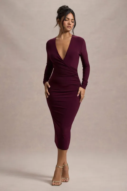 Marcia | Port Bodycon Plunge-Neck Midi Dress sold by Club L London
