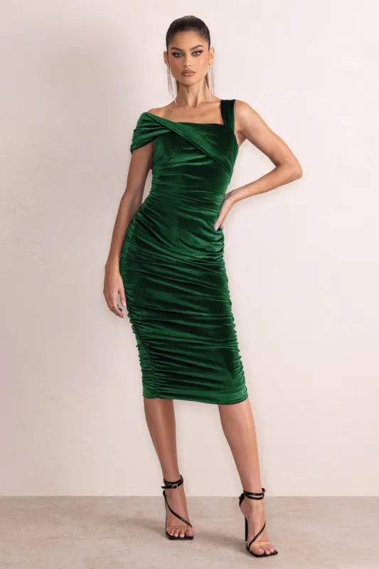 Daniela | Bottle Green Velvet One Shoulder Ruched Midi Dress sold by Club L London