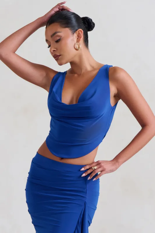 Femme Classique | Blue Cowl Crop Top sold by Club L London