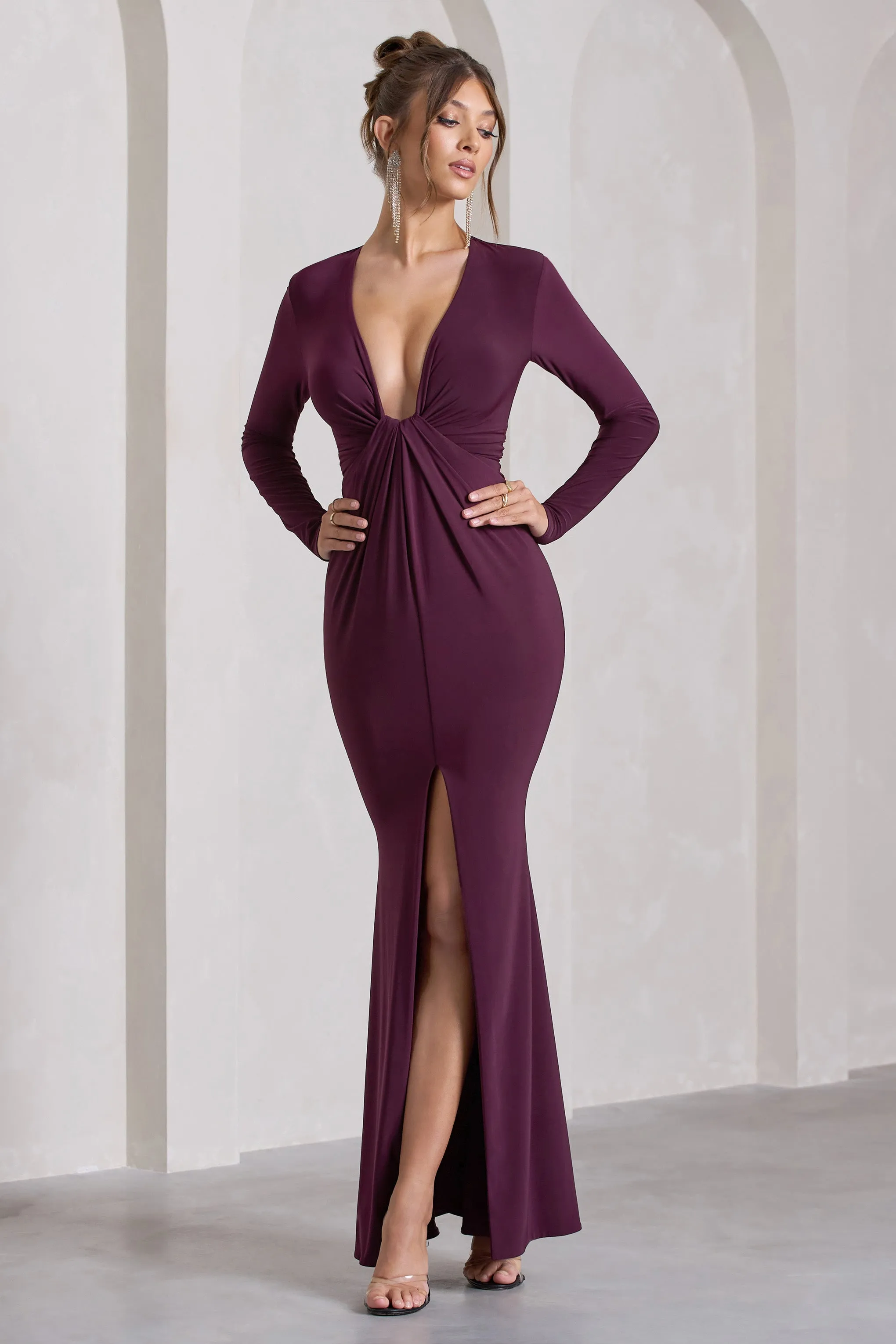 Aluna | Plum Plunge-Neck Twisted Split Maxi Dress sold by Club L London