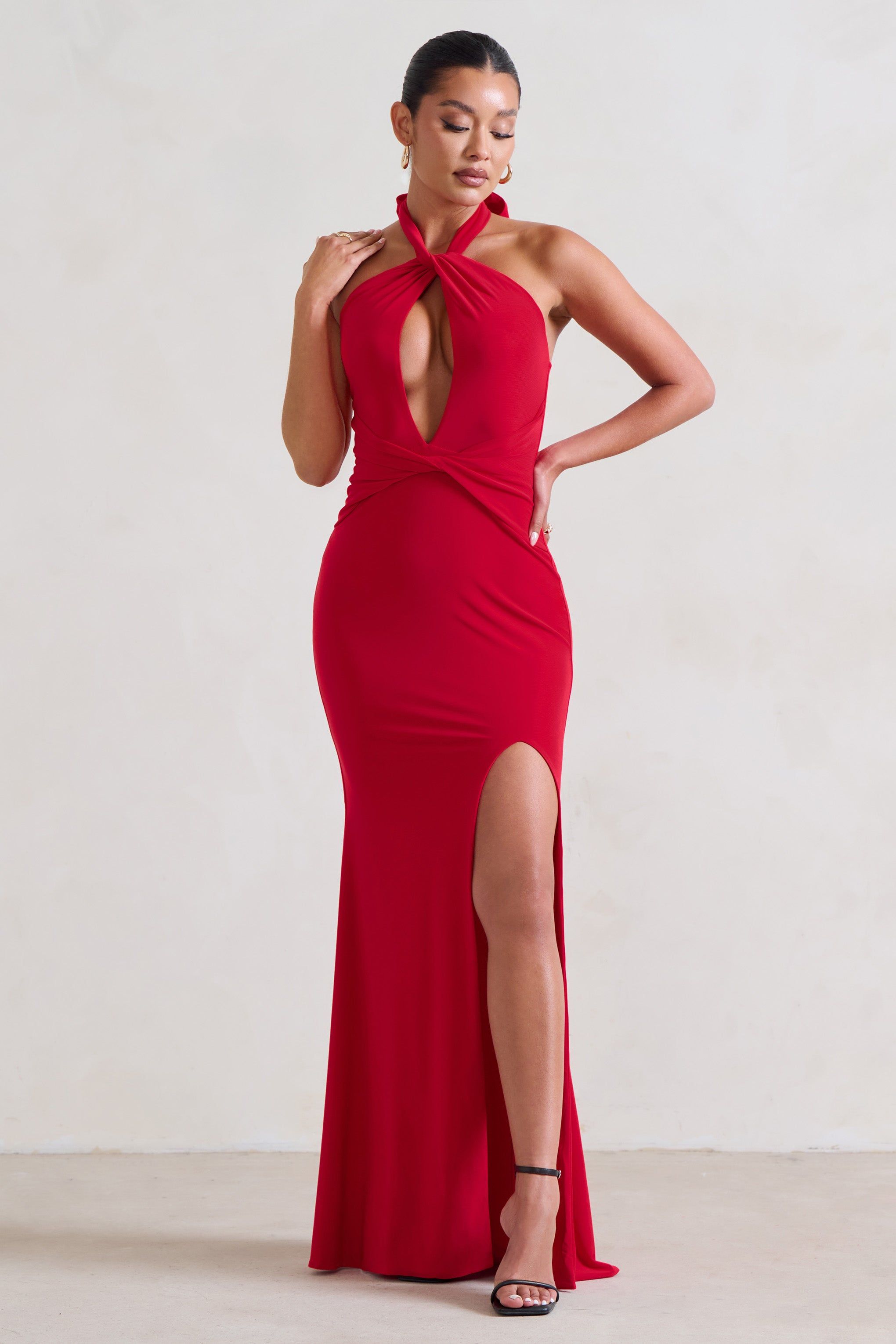 Luxuria | Red Halter Cut Out Maxi Dress sold by Club L London