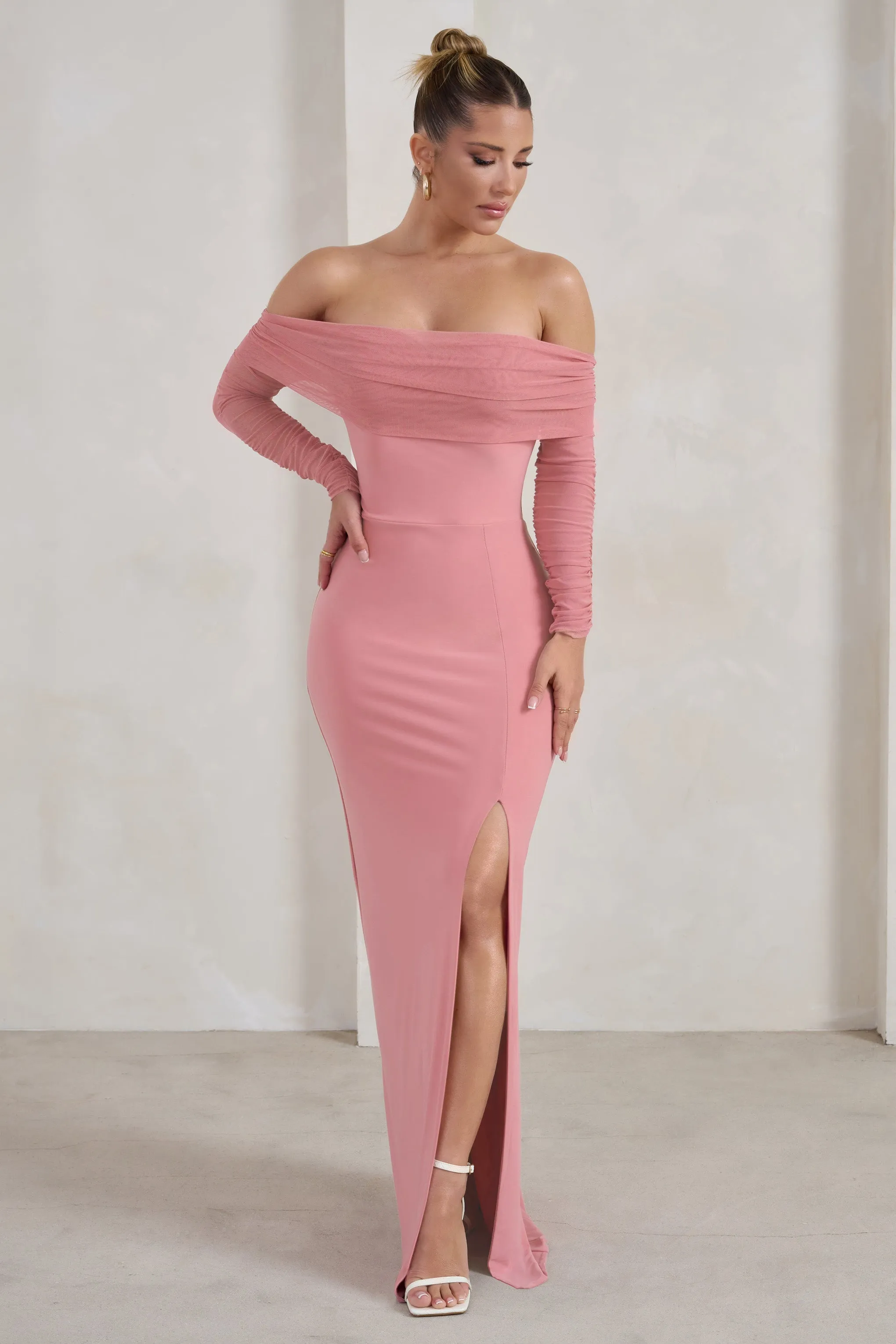 On Your Mind | Powder Pink Mesh Long Sleeve Maxi Dress sold by Club L London