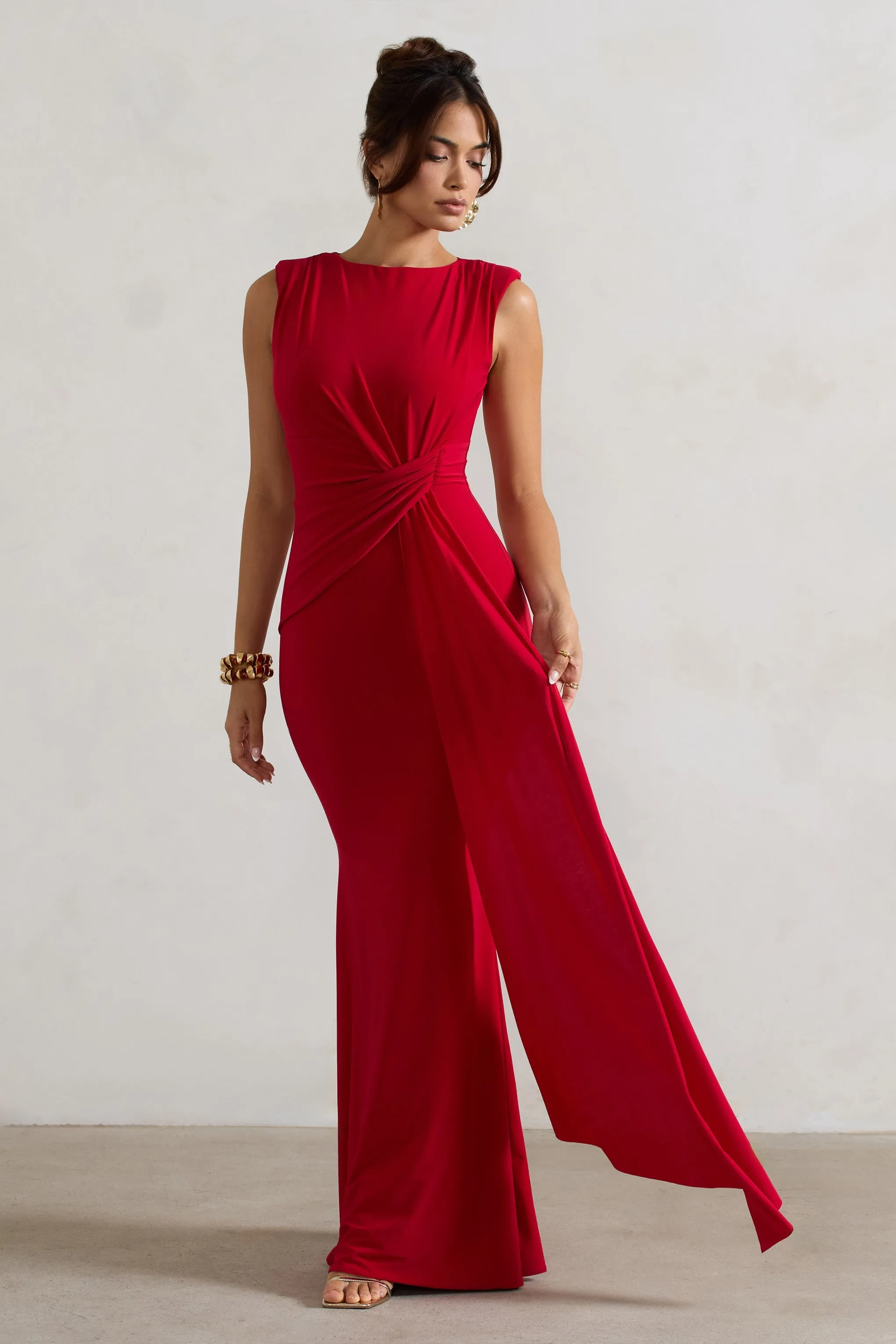 Kadie | Red Sleeveless Gathered Maxi Dress With Drape sold by Club L London product image thumbnail 4