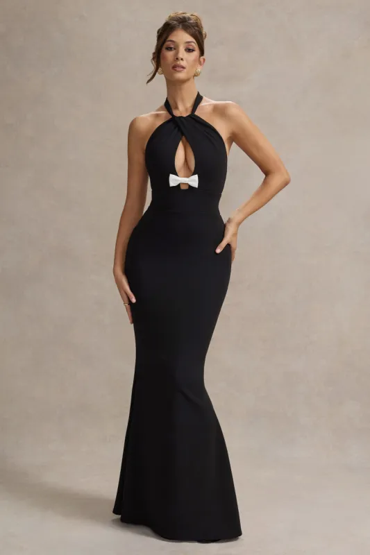 Raelynn | Black Halter-Neck Cut-Out Maxi Dress With Bow sold by Club L London