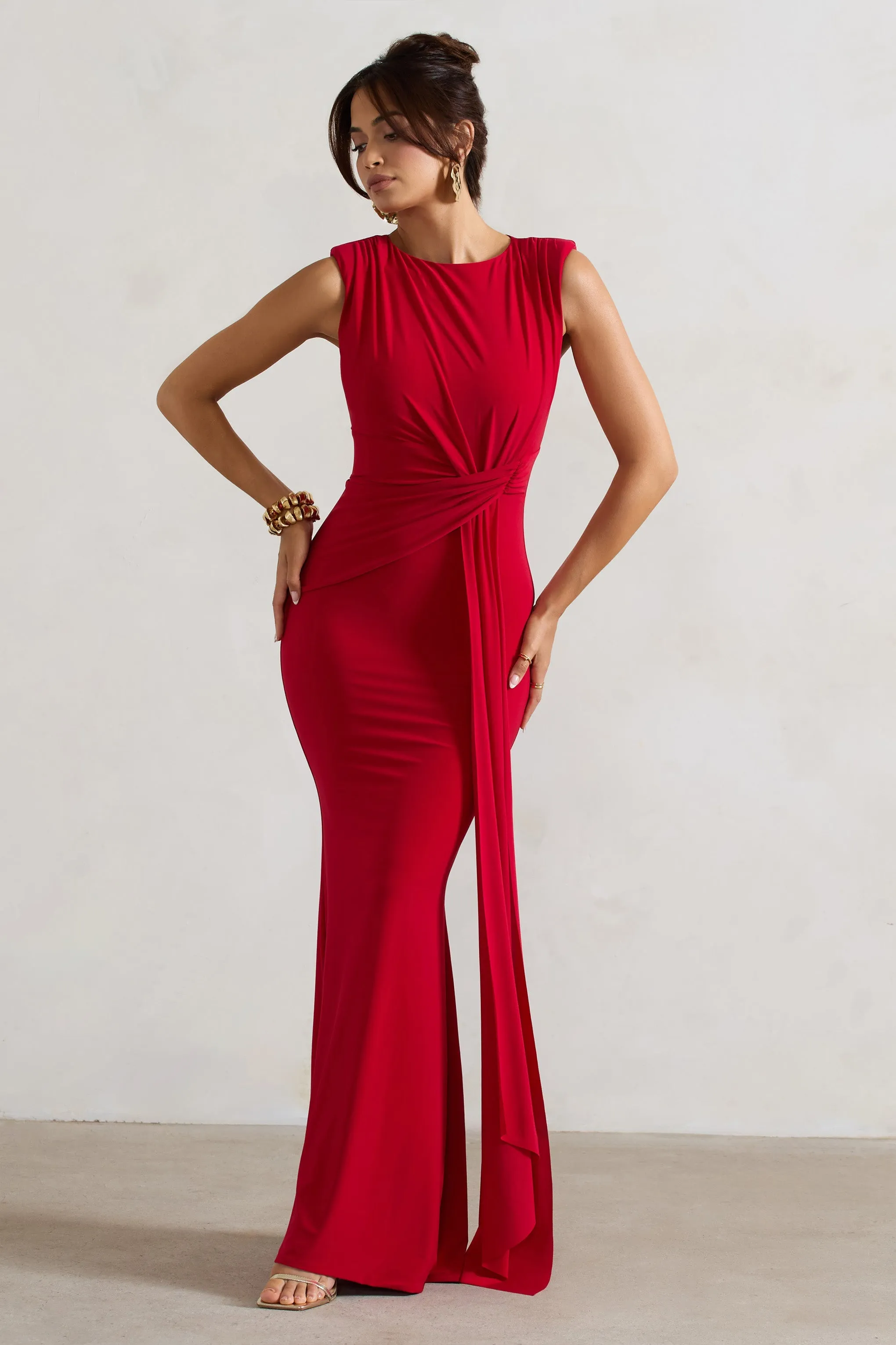 Kadie | Red Sleeveless Gathered Maxi Dress With Drape sold by Club L London