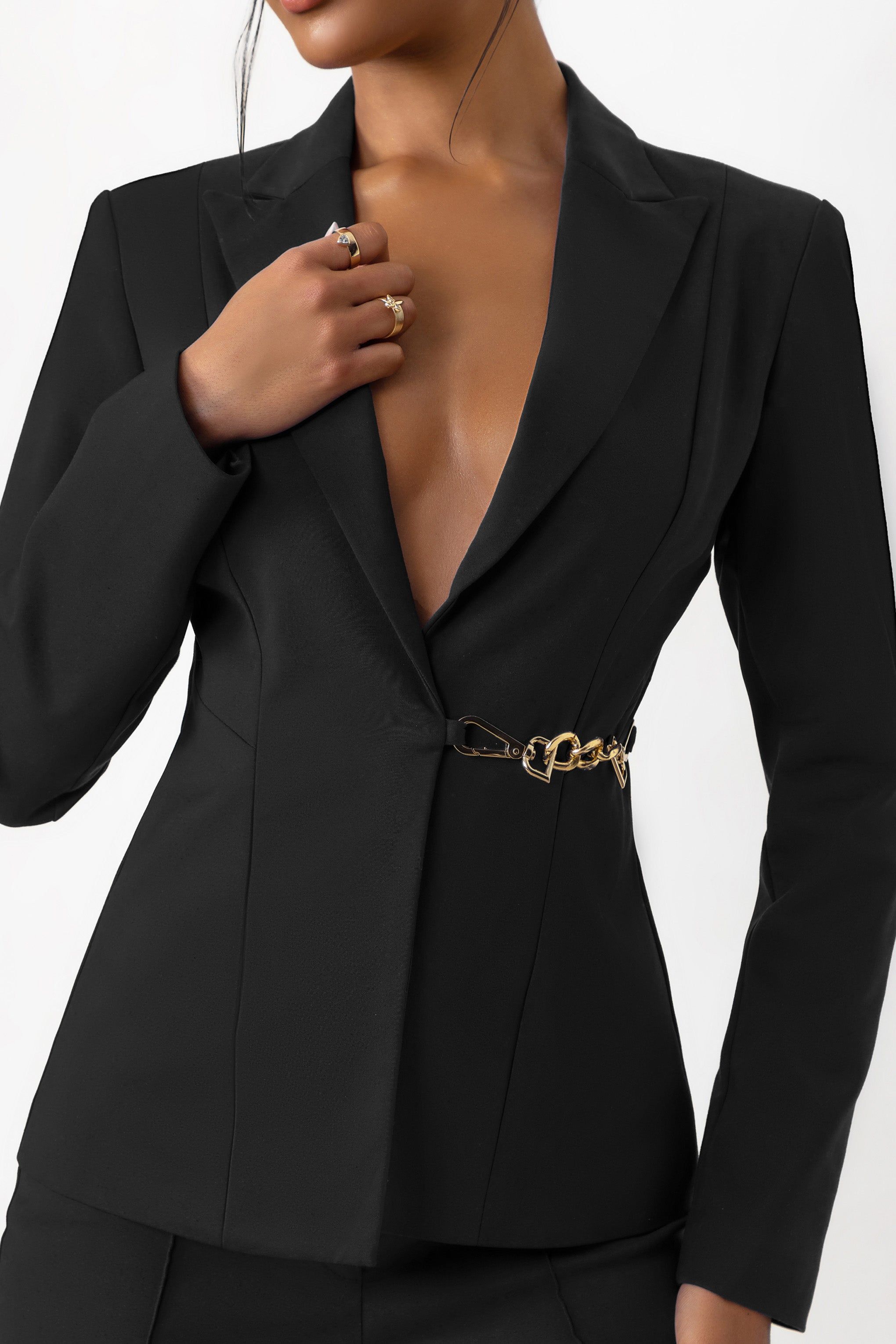 Chiara | Black Plunge Neck Tailored Blazer With Chain Detail sold by Club L London product image thumbnail 3