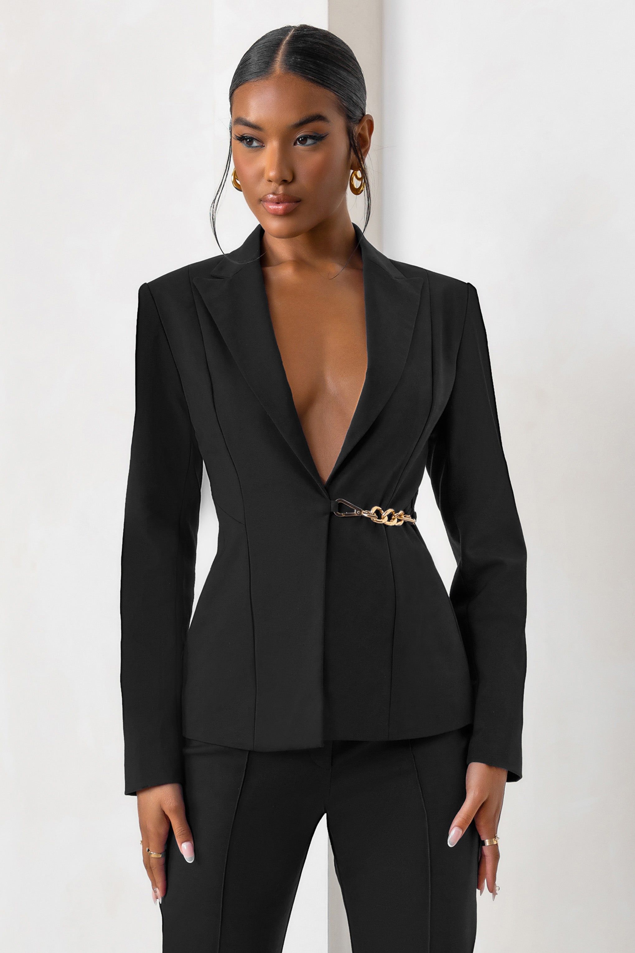 Chiara | Black Plunge Neck Tailored Blazer With Chain Detail sold by Club L London