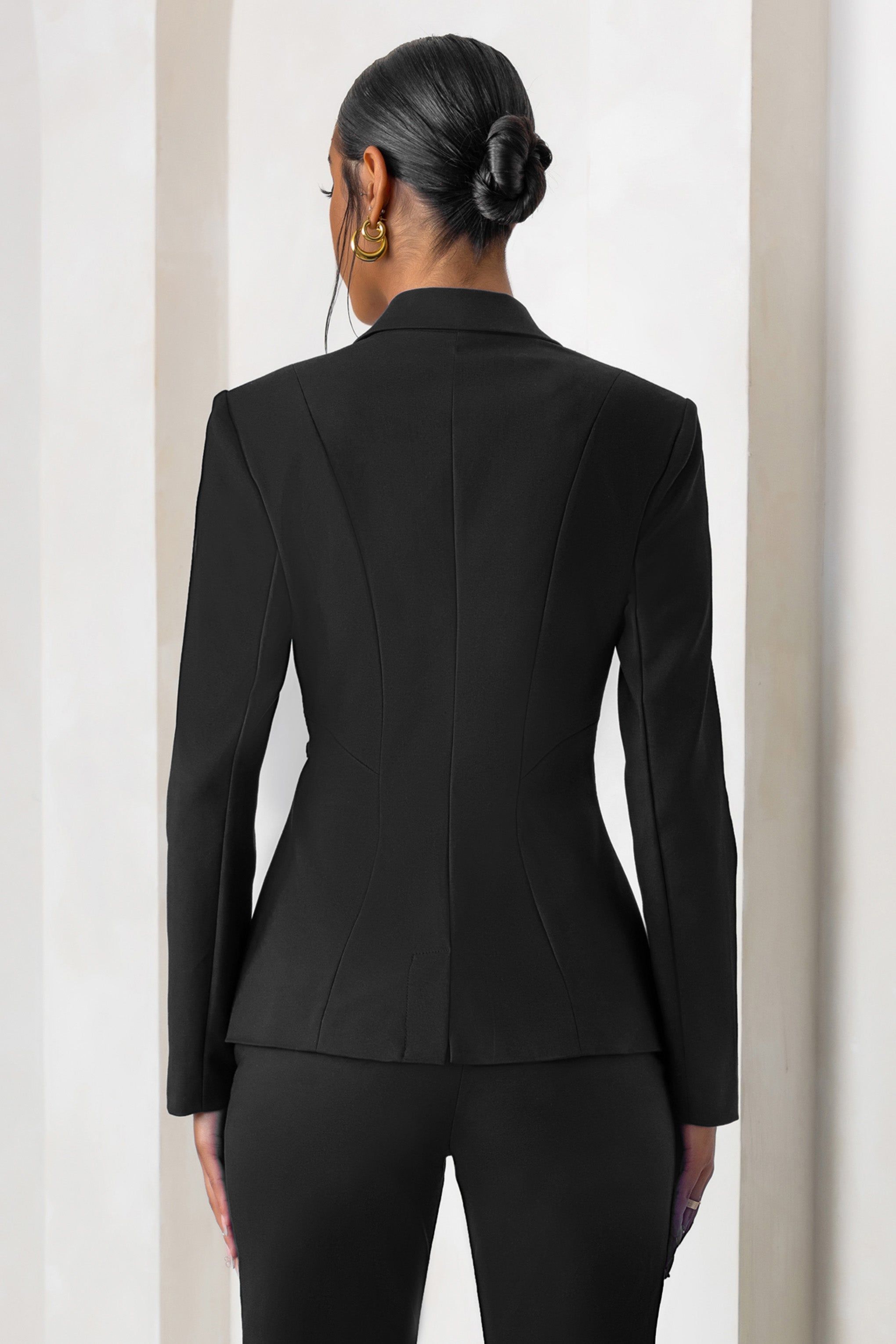 Chiara | Black Plunge Neck Tailored Blazer With Chain Detail sold by Club L London product image thumbnail 2