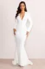 Reba | White Plunge Long Sleeve Structured Maxi Dress with Front Split sold by Club L London