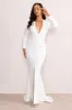 Reba | White Plunge Long Sleeve Structured Maxi Dress with Front Split sold by Club L London