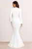 Reba | White Plunge Long Sleeve Structured Maxi Dress with Front Split sold by Club L London