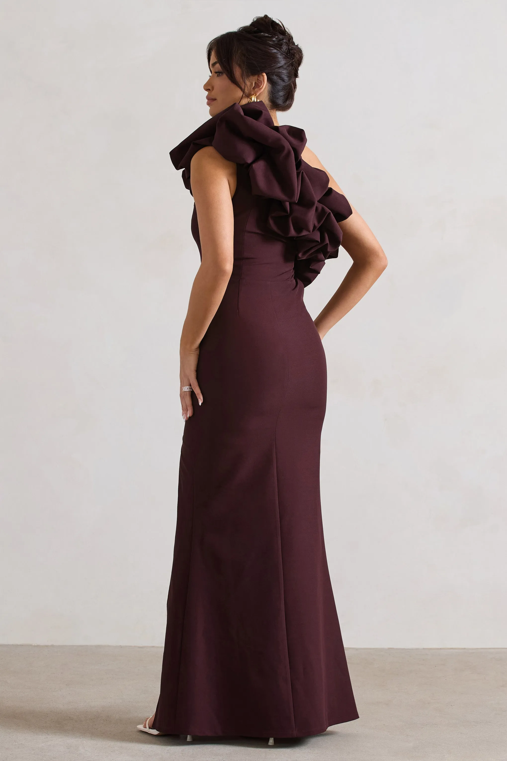 Vienne | Dark Plum One Shoulder Ruffle Split Maxi Dress sold by Club L London product image thumbnail 2