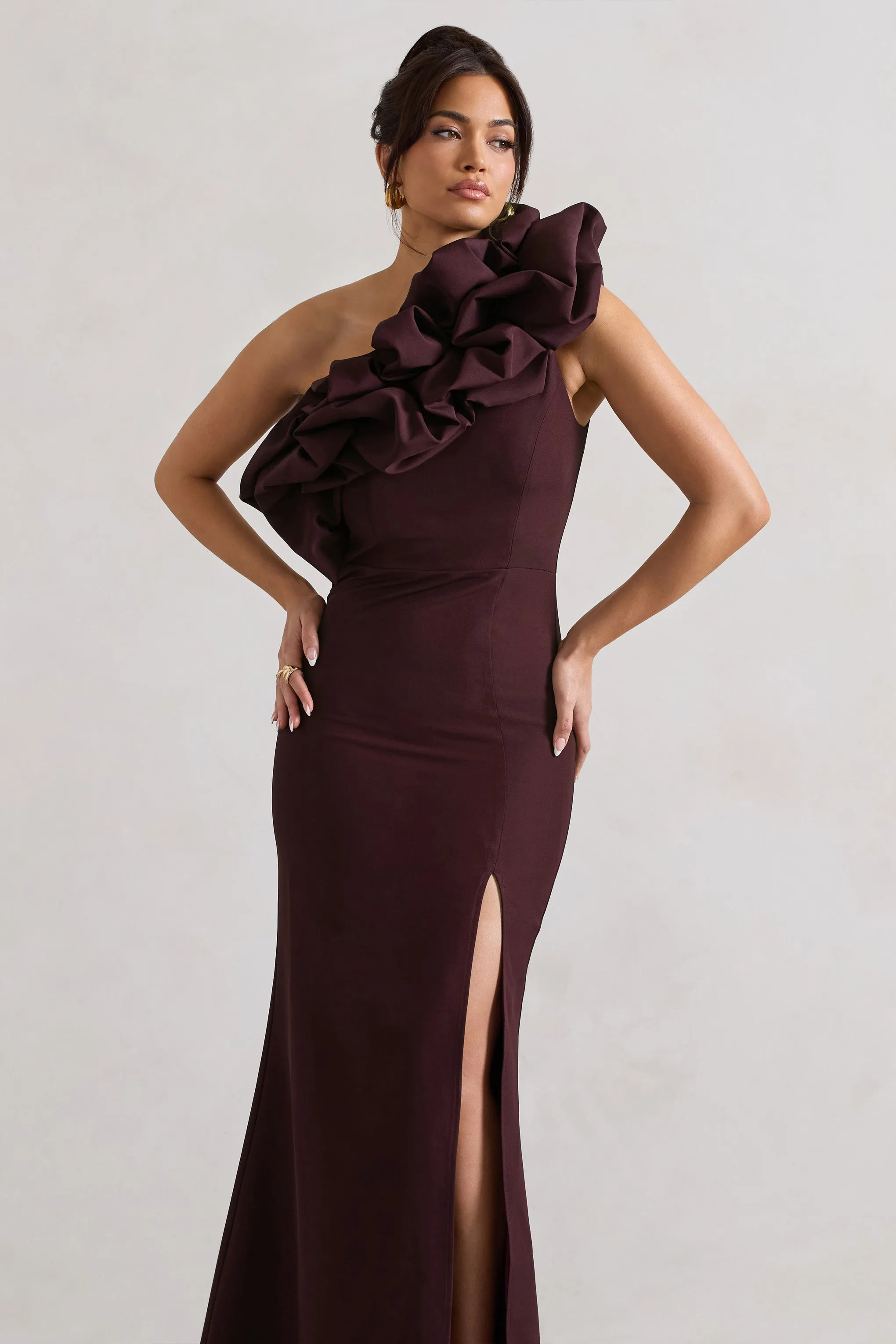 Vienne | Dark Plum One Shoulder Ruffle Split Maxi Dress sold by Club L London product image thumbnail 3