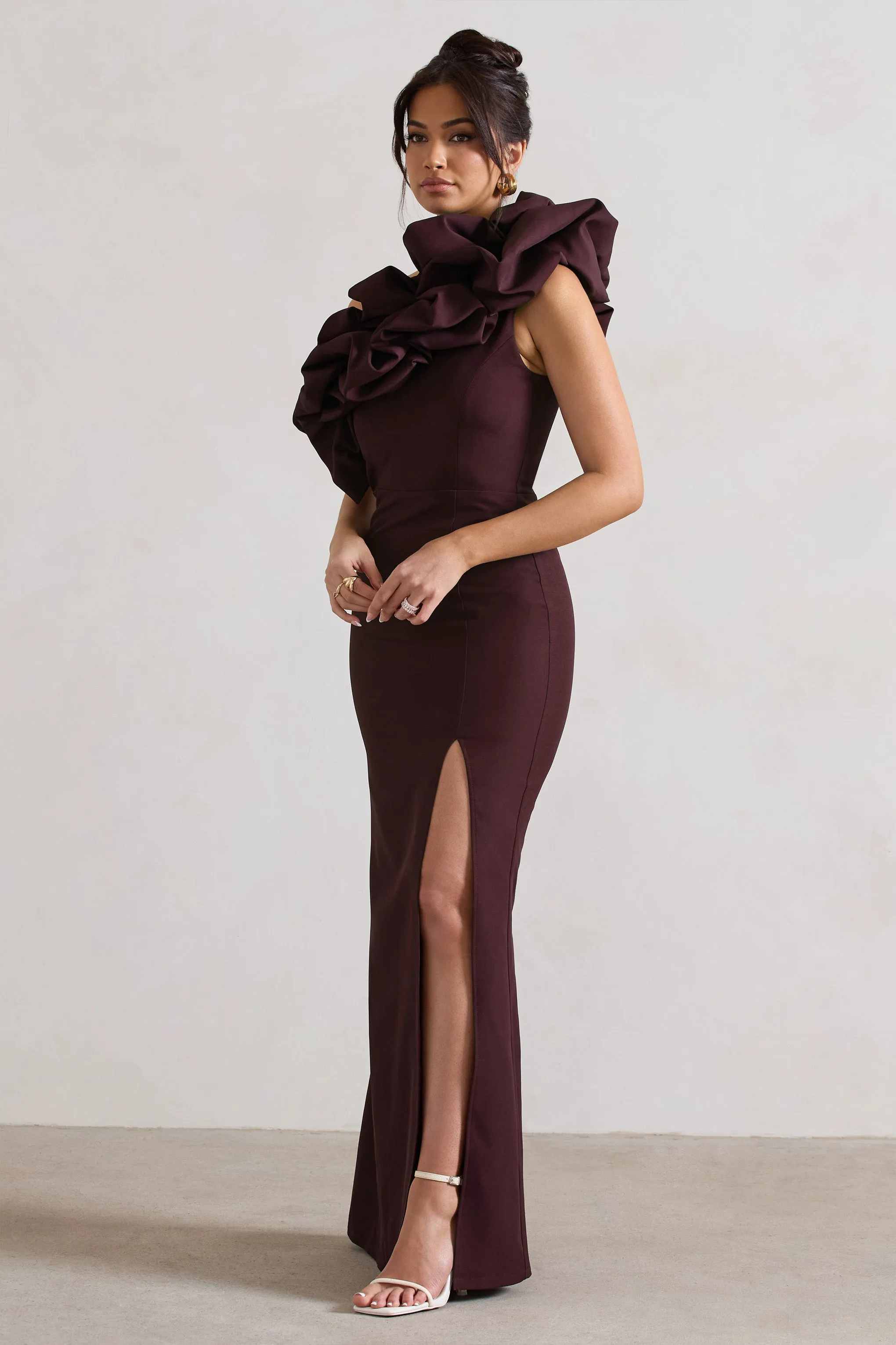 Vienne | Dark Plum One Shoulder Ruffle Split Maxi Dress sold by Club L London product image thumbnail 5
