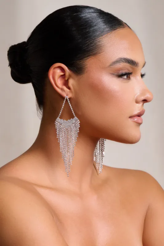 Kami | Silver Statement Teardrop Tassel Earrings sold by Club L London