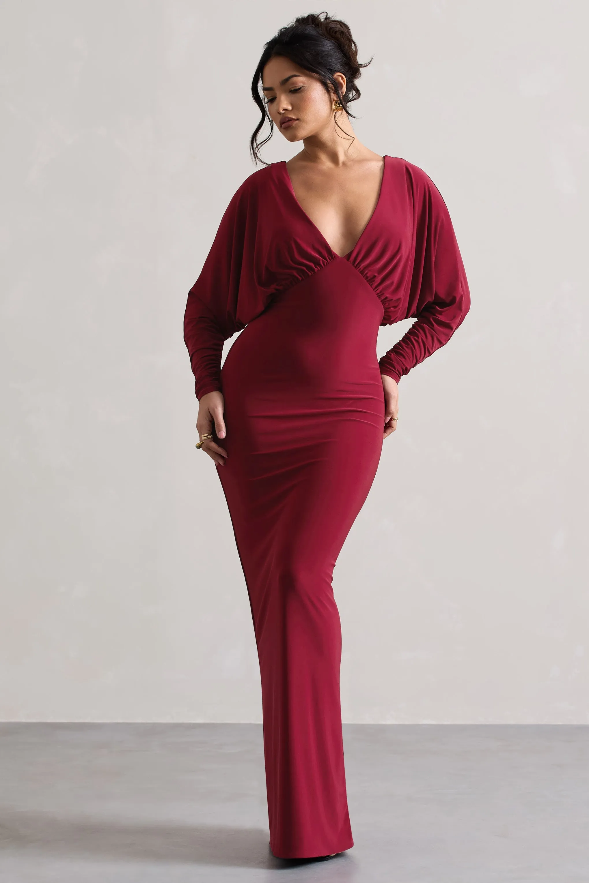 Ruth | Berry Draped Plunge-Neck Maxi Dress sold by Club L London