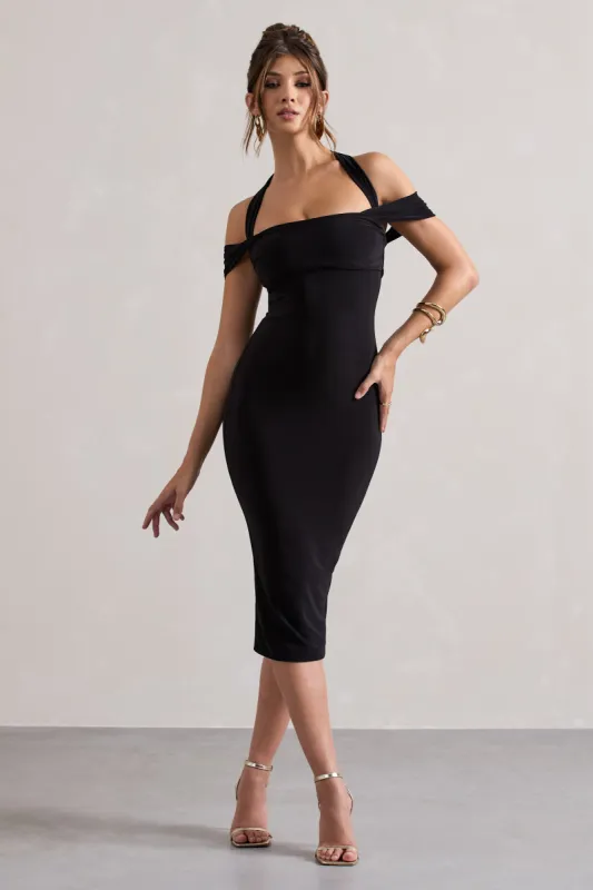 Marla | Black Halter-Neck Draped-Sleeve Midi Dress sold by Club L London