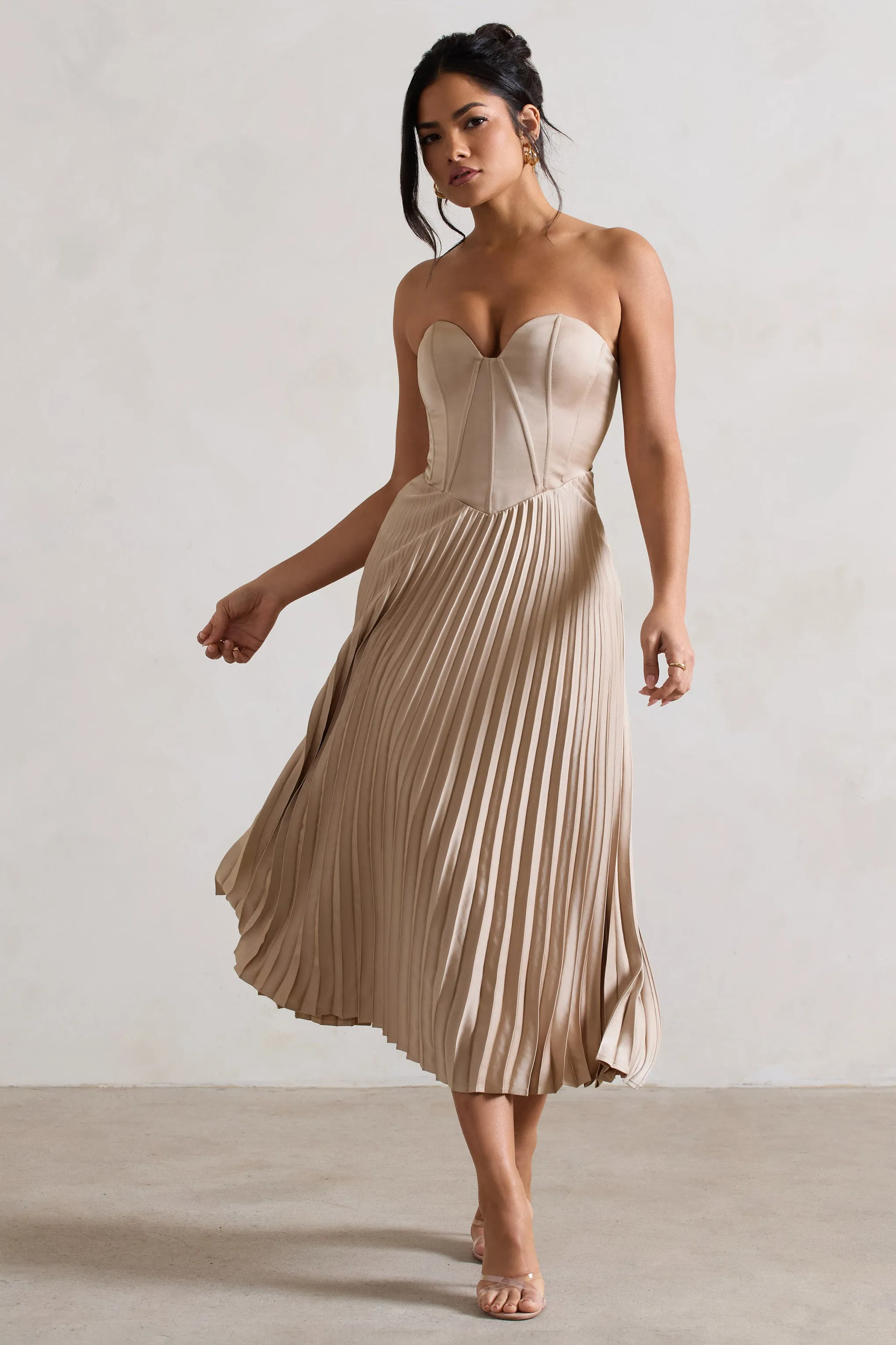 Bordeaux | Champagne Satin Corset Style Midi Dress sold by Club L London