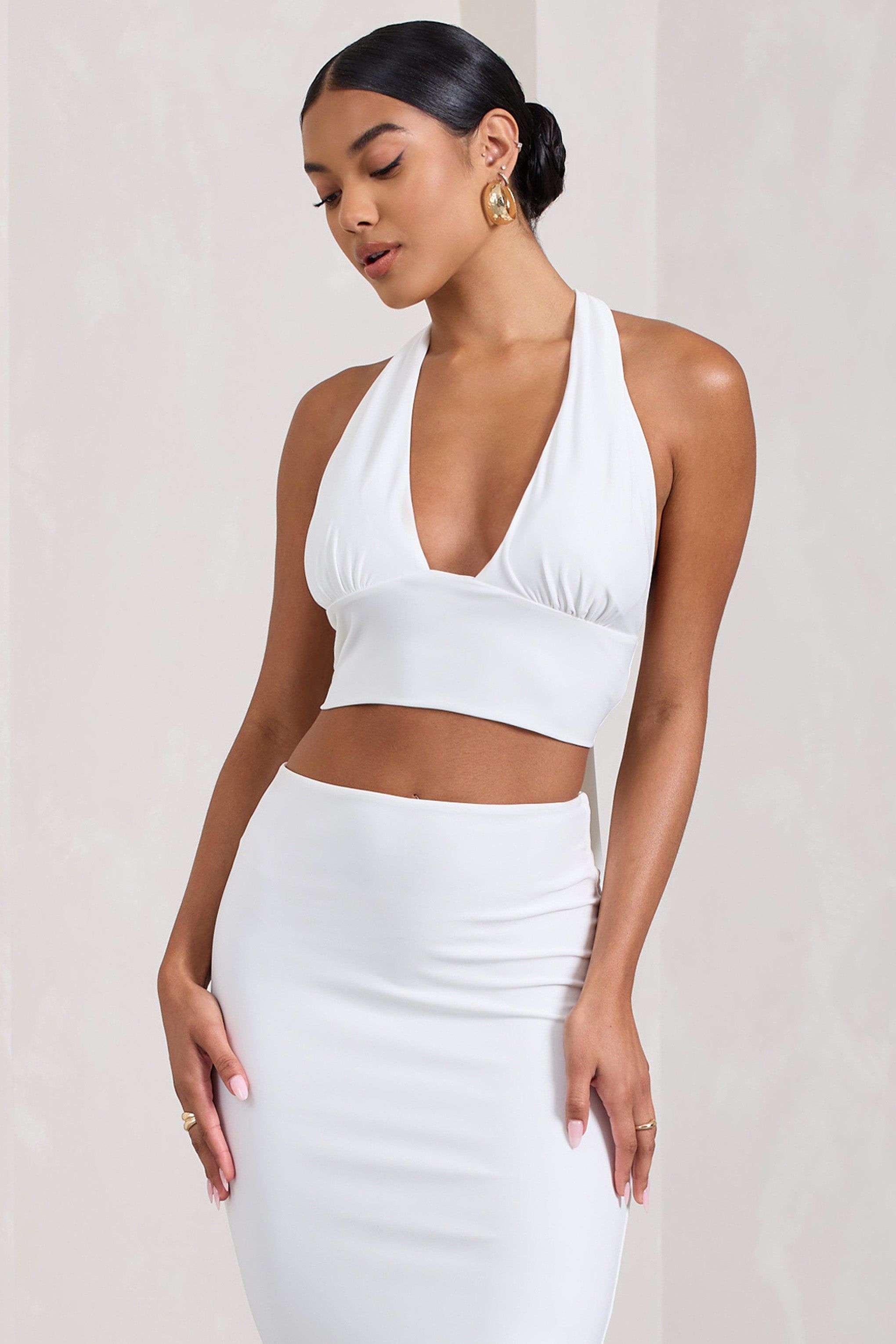Amp Up | White Plunging Halter-Neck Crop Top sold by Club L London product image thumbnail 5