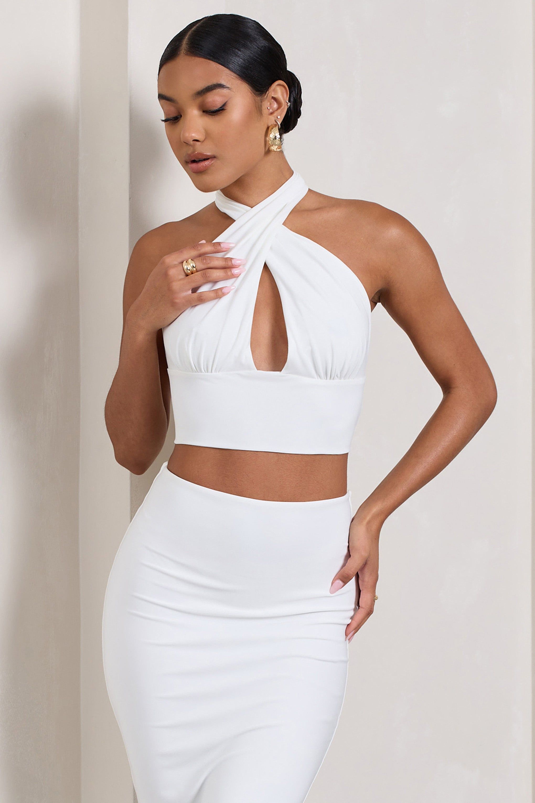 Amp Up | White Plunging Halter-Neck Crop Top sold by Club L London product image thumbnail 4