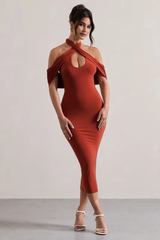 Connect | Terracotta Bodycon Halter-Neck Midi Dress With Cut-Out sold by Club L London