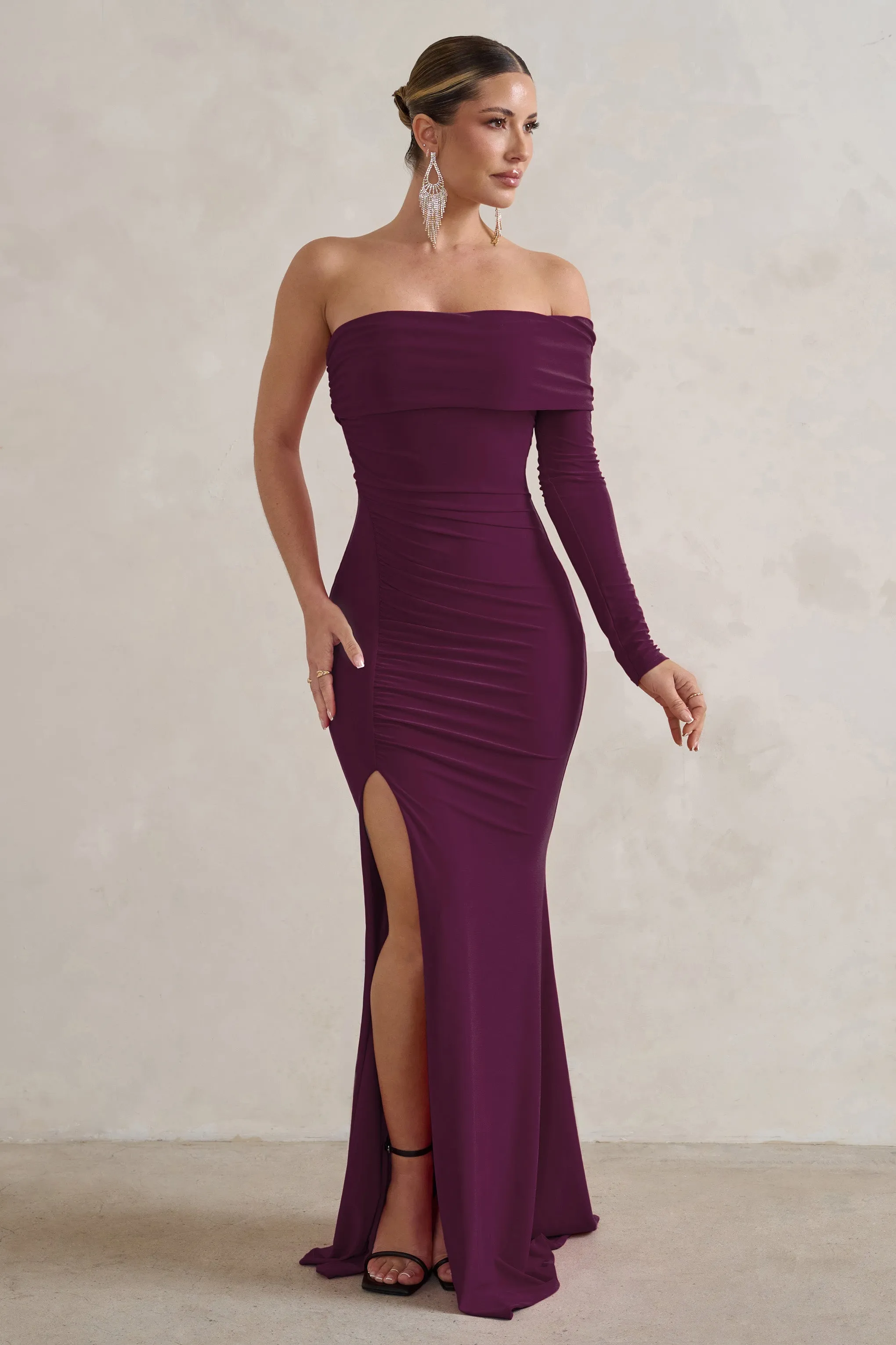 Meghan | Burgundy Bardot Neck Thigh Split Fishtail Maxi Dress sold by Club L London product image thumbnail 4