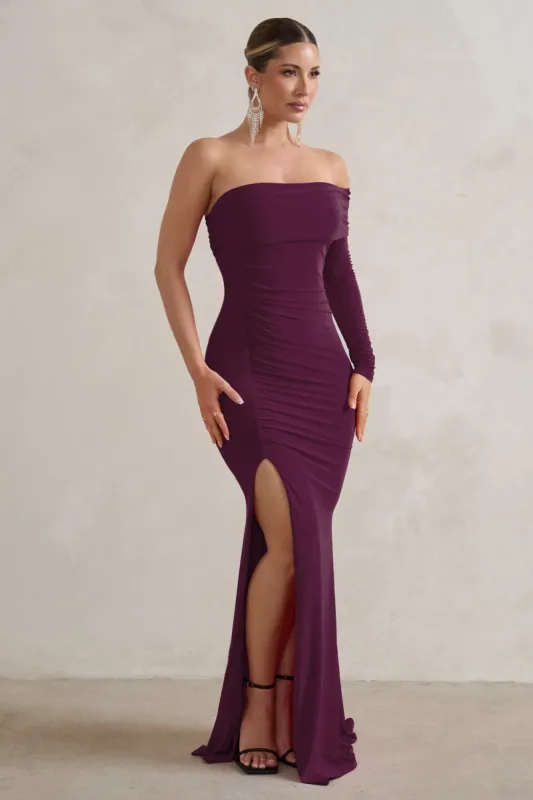 Meghan | Burgundy Bardot Neck Thigh Split Fishtail Maxi Dress sold by Club L London