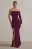 Meghan | Burgundy Bardot Neck Thigh Split Fishtail Maxi Dress sold by Club L London