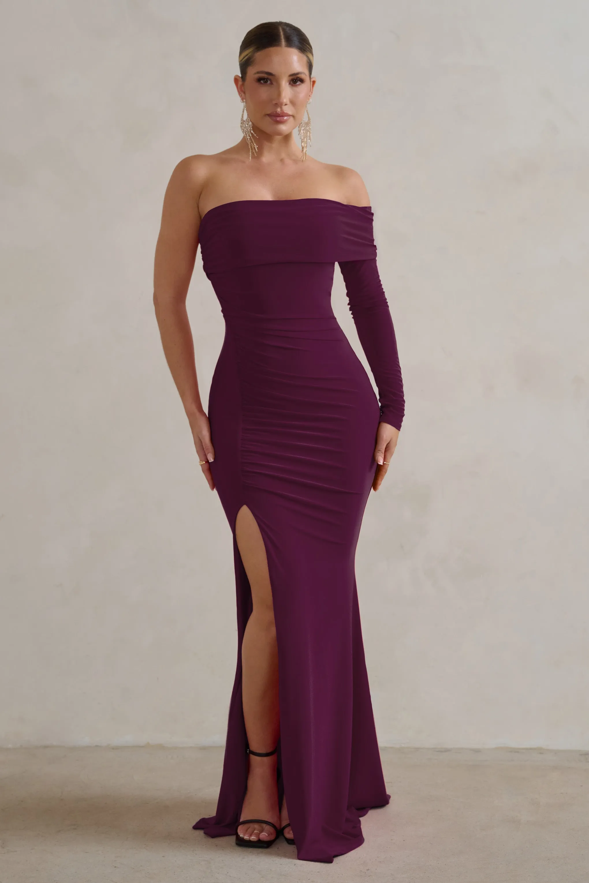 Meghan | Burgundy Bardot Neck Thigh Split Fishtail Maxi Dress sold by Club L London product image thumbnail 5