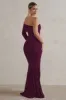 Meghan | Burgundy Bardot Neck Thigh Split Fishtail Maxi Dress sold by Club L London