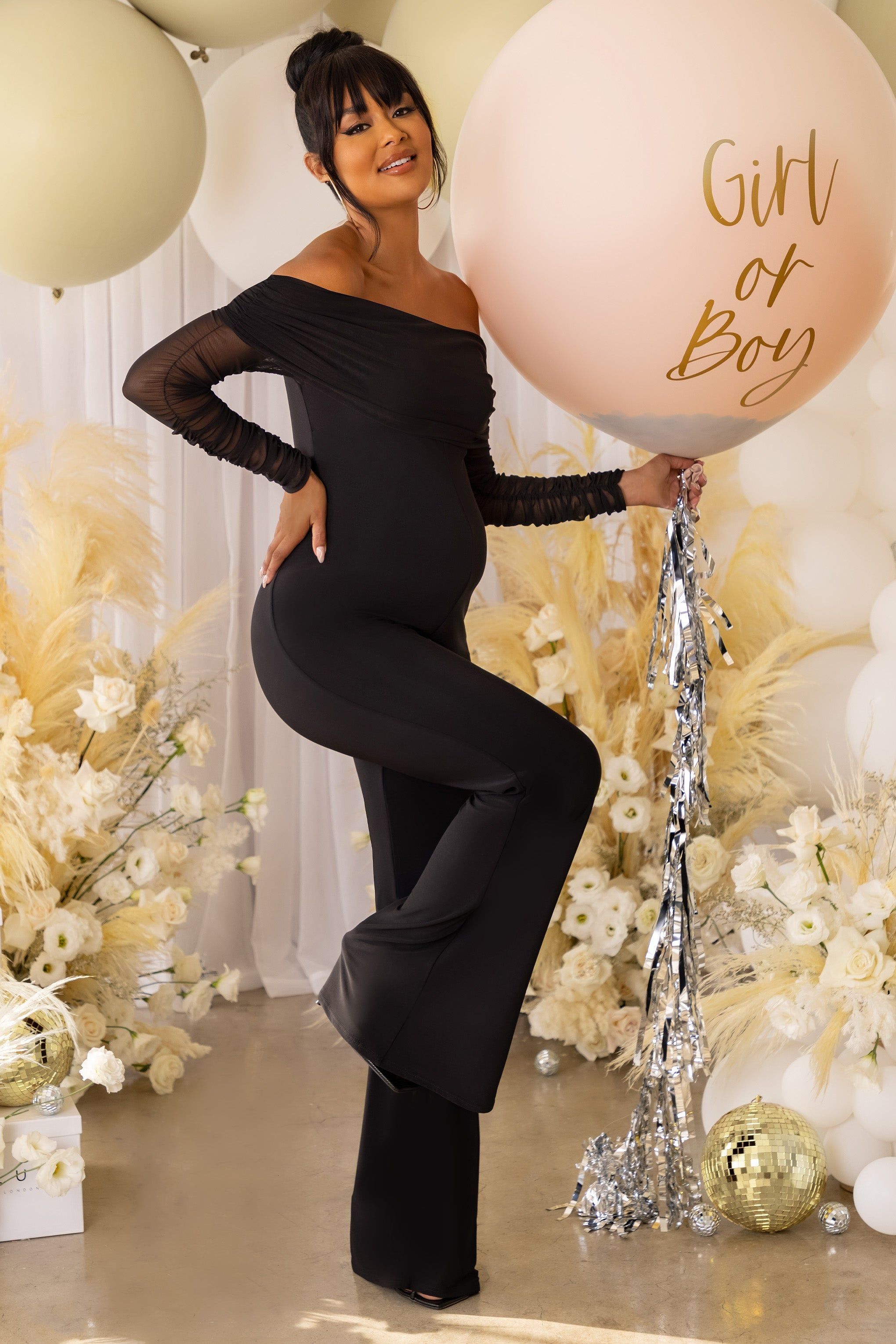 Count Down | Black Maternity Mesh Bardot Jumpsuit sold by Club L London product image thumbnail 4