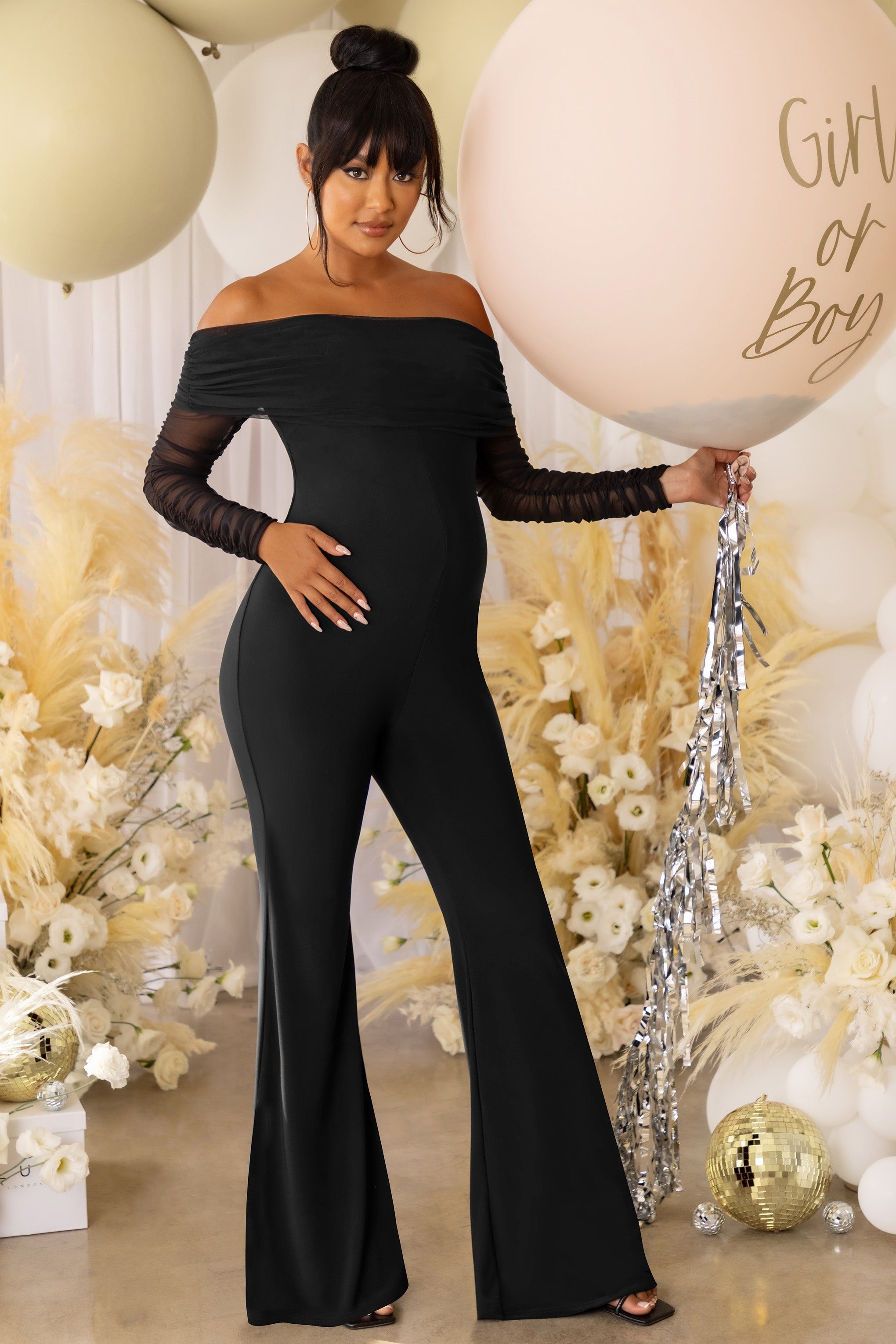 Count Down | Black Maternity Mesh Bardot Jumpsuit sold by Club L London