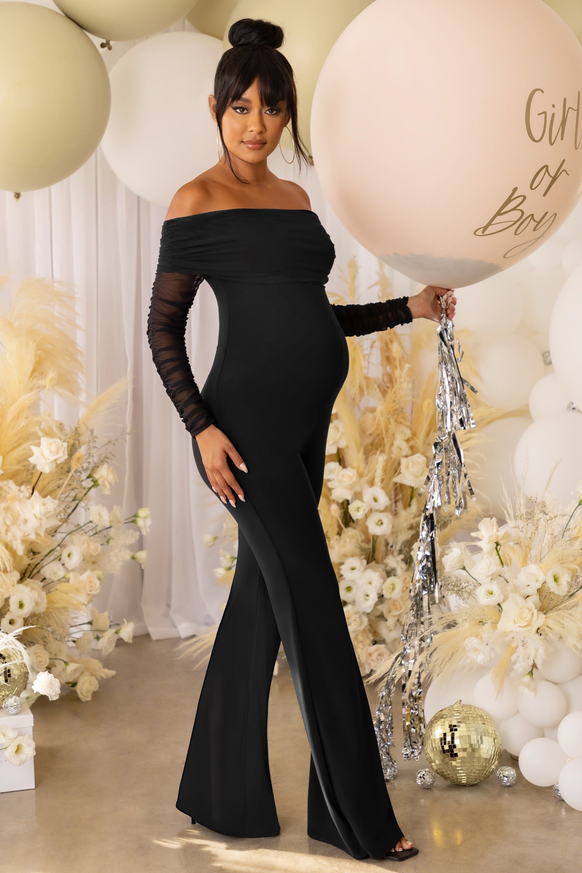 Count Down | Black Maternity Mesh Bardot Jumpsuit sold by Club L London product image thumbnail 5