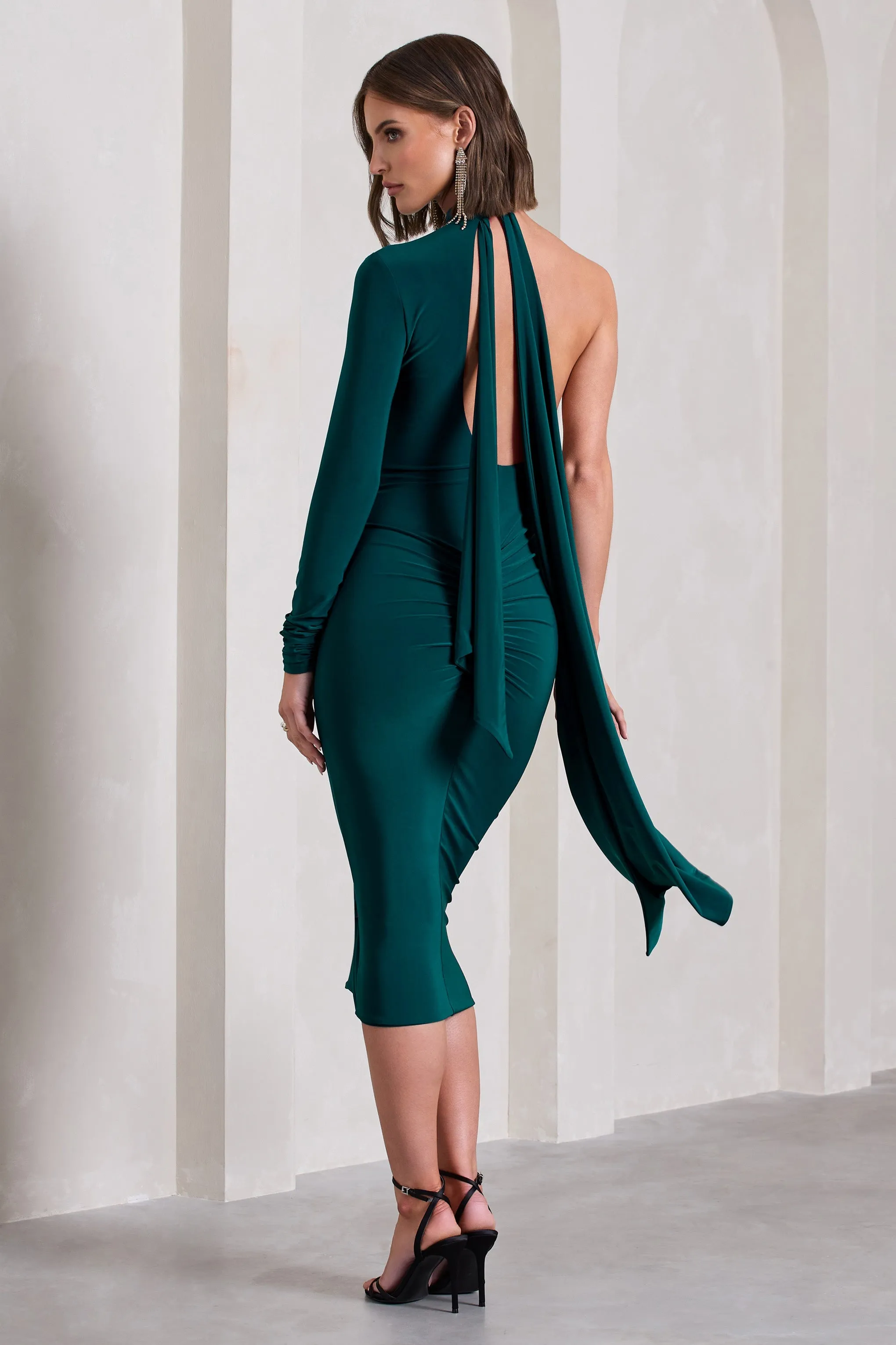 Liz | Bottle Green Halter-Neck One Sleeve Open-Back Midi Dress With Sash sold by Club L London product image thumbnail 2