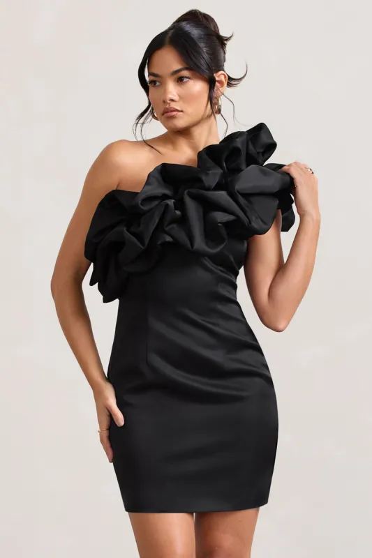 At The Opera | Black Satin One Shoulder Ruffled Mini Dress sold by Club L London