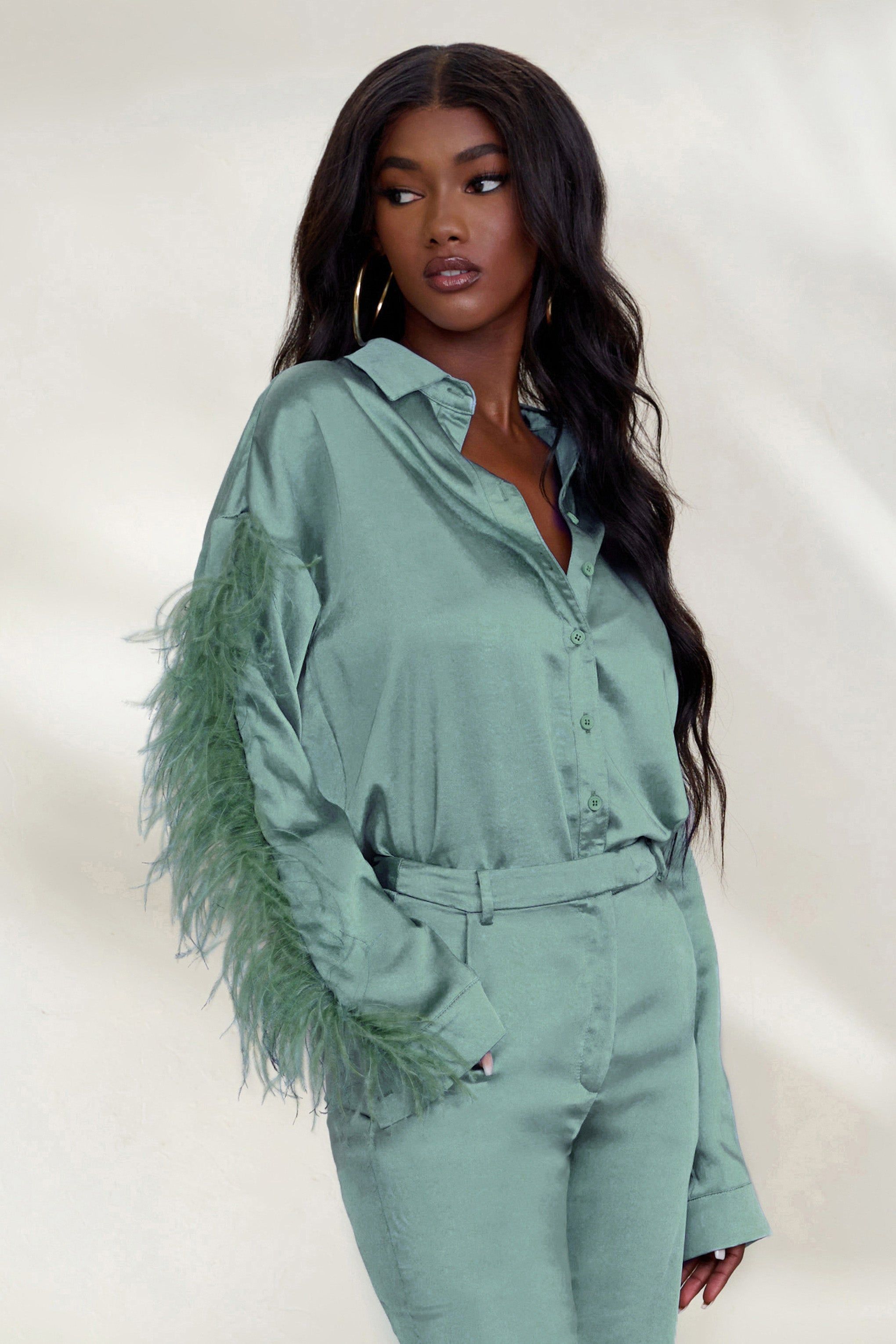 Catch My Eye | Duck Egg Blue Feather Sleeve Satin Shirt sold by Club L London product image thumbnail 4