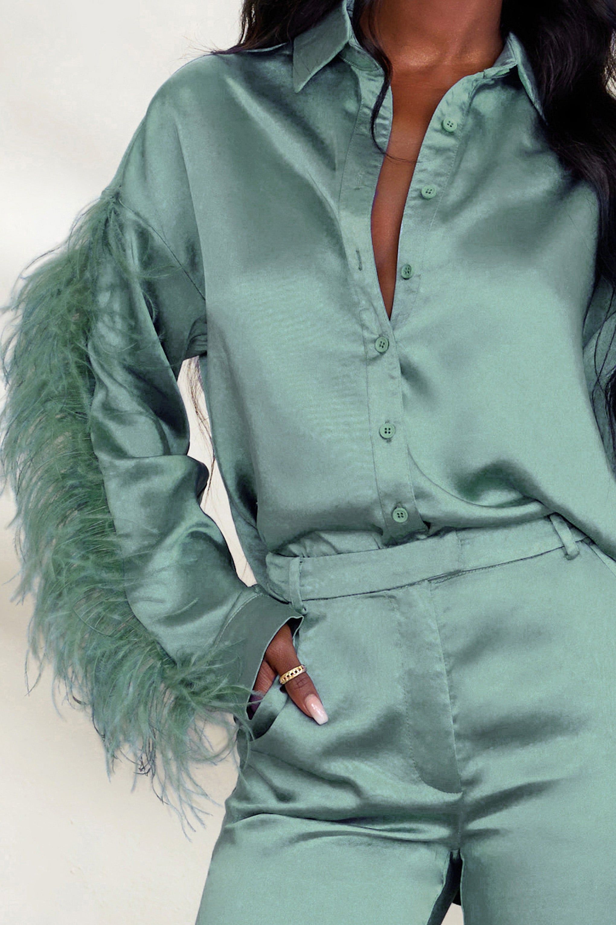 Catch My Eye | Duck Egg Blue Feather Sleeve Satin Shirt sold by Club L London product image thumbnail 5