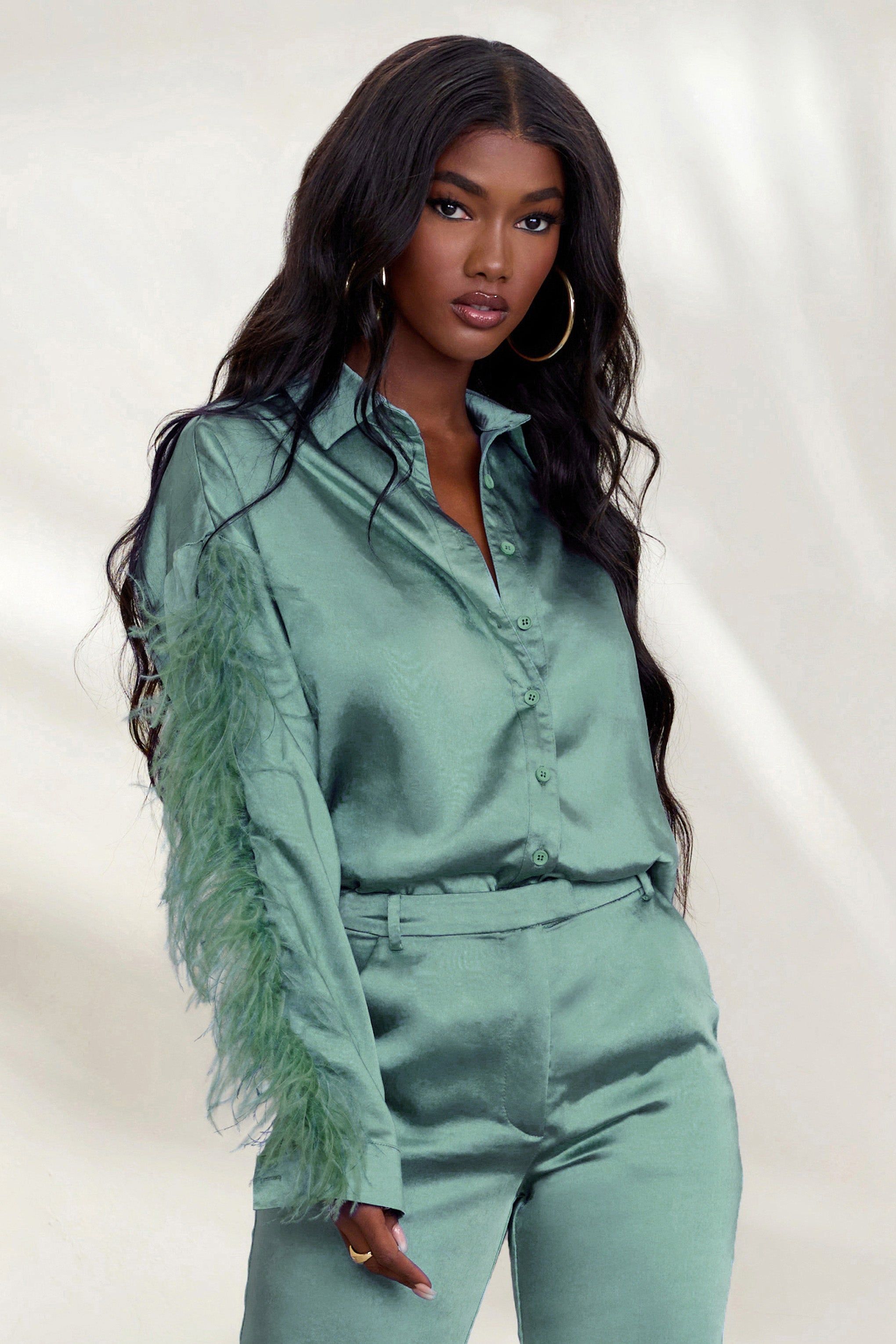 Catch My Eye | Duck Egg Blue Feather Sleeve Satin Shirt sold by Club L London product image thumbnail 3